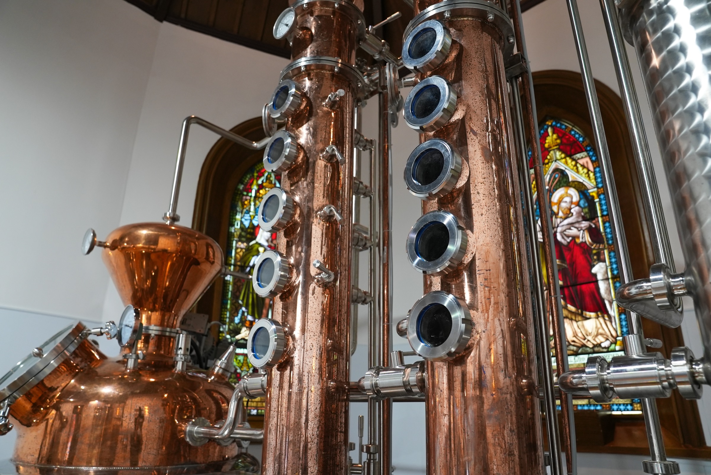 Interior of the former Anglican church — Cherry River Distillery, Magog